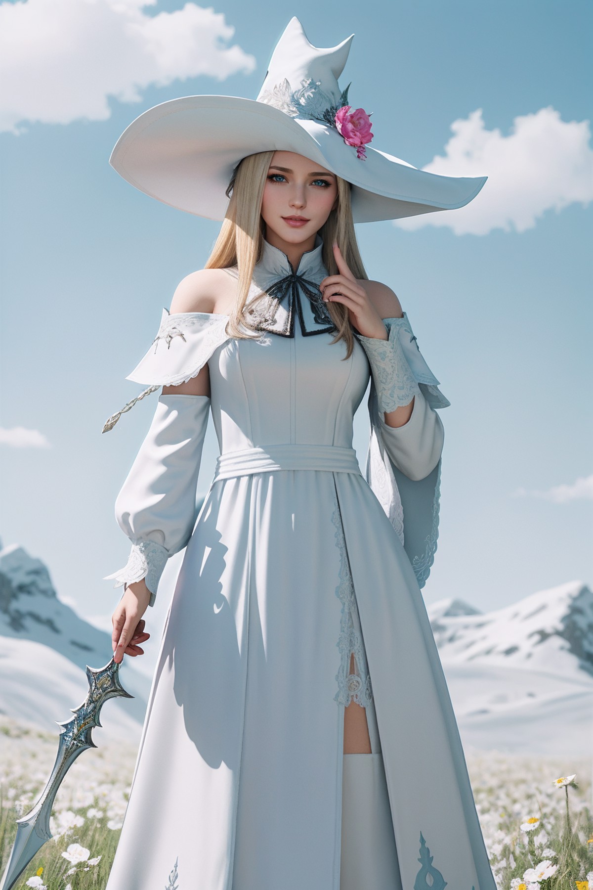 ((Masterpiece, best quality,edgQuality)),smug,smirk,blonde hair,
edgWHM, white mage robe, a woman in a white dress and hat...